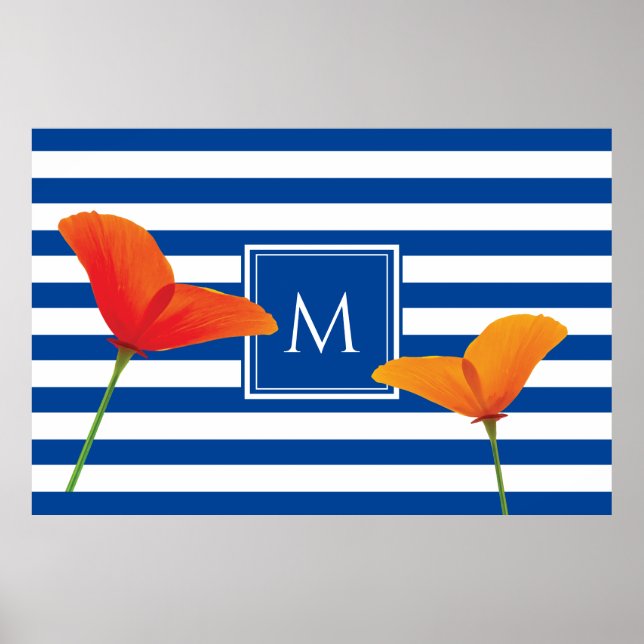 Monogramm Poppy Chic Blue Streifen Poster (Vorne)
