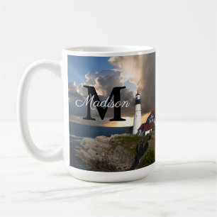 Monogramm Portland Head Leuchtturm und Sonnenunter Kaffeetasse