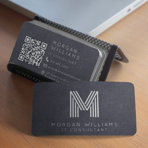 Monogramm QR-Code Blaue Leder  Visitenkarte