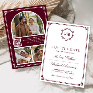 Monogramm QR-Code Foto-Collage Burgunder Hochzeit Save The Date