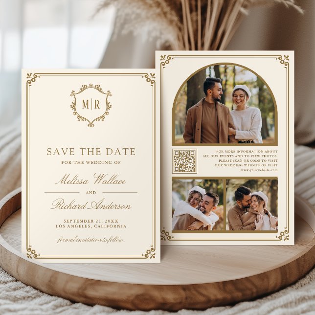 Monogramm QR-Code Foto-Collage Creme Gold Hochzeit Save The Date (Von Creator hochgeladen)