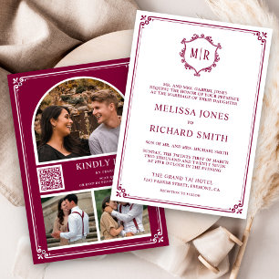 Monogramm QR-Code Foto-Collage Magenta Hochzeit Einladung