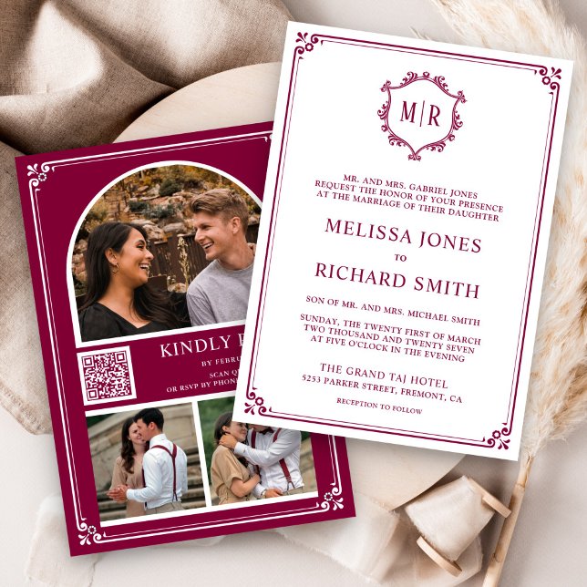 Monogramm QR-Code Foto-Collage Magenta Hochzeit Einladung (Von Creator hochgeladen)