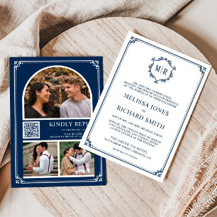 Monogramm QR-Code Foto Collage Navy Blau Hochzeit Einladung