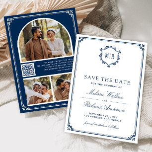 Monogramm QR-Code Foto-Collage Navy Blau Hochzeit Save The Date