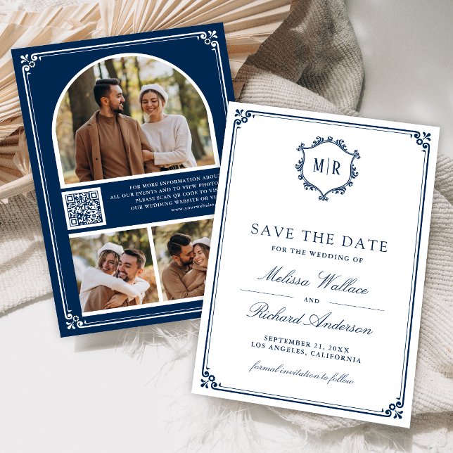 Monogramm QR-Code Foto-Collage Navy Blau Hochzeit Save The Date (Von Creator hochgeladen)