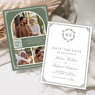 Monogramm QR-Code Foto Collage Salbei Grün Hochzei Save The Date