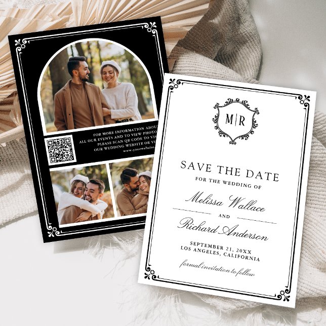 Monogramm QR-Code Foto-Collage Schwarze Hochzeit Save The Date (Von Creator hochgeladen)
