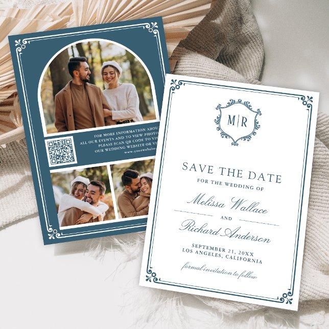 Monogramm QR-Code Foto Collage Staubblau Hochzeit Save The Date (Von Creator hochgeladen)