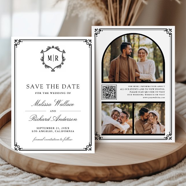 Monogramm QR-Code Foto Collage Weiß Schwarz Hochze Save The Date (Von Creator hochgeladen)