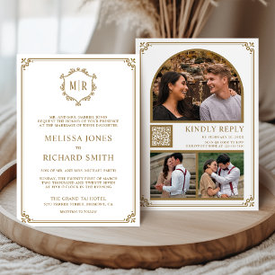 Monogramm QR-Code Foto Collage Weißgold Hochzeit Einladung