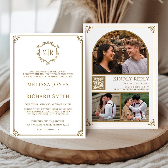 Monogramm QR-Code Foto Collage Weißgold Hochzeit Einladung (Von Creator hochgeladen)
