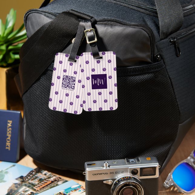 Monogramm QR-Code Lila Blume Gepäckanhänger (Vorderseite & Rückseite)