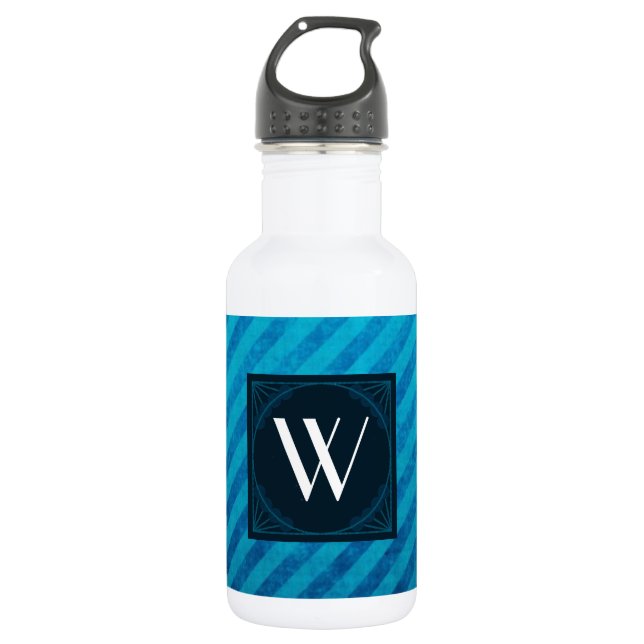 Monogramm-Quadrat auf blauen Diagonalstreifen Trinkflasche (Vorderseite)