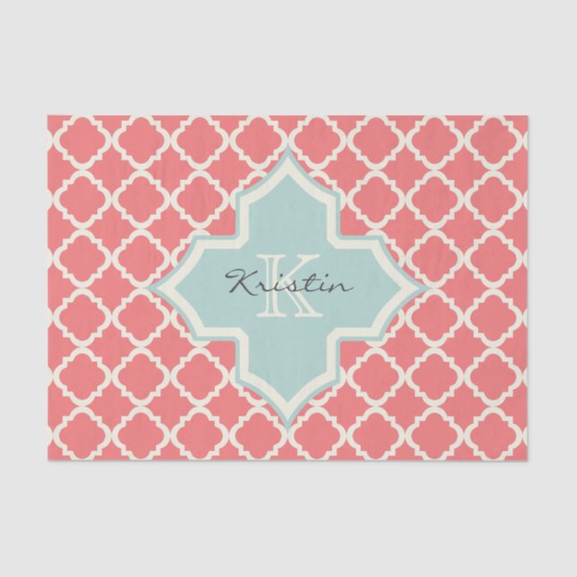 Monogramm Quatrefoil korallenrotes tadelloses Seidenpapier (Vorderseite)