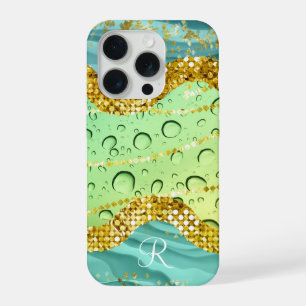 Monogramm R Aqua Lime Gold Marmor Fantasy Tröpfche iPhone 15 Pro Hülle