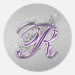 Monogramm-R-Aufkleber für den lila und Silber-Glit Runder Aufkleber