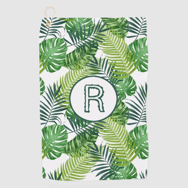 Monogramm R für grüne tropische Blätter Golfhandtuch (Vorderseite)