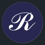 Monogramm R, weiße Schrift auf marineblau Runder Aufkleber<br><div class="desc">Monogramm R,  weiße Schrift auf marineblau</div>