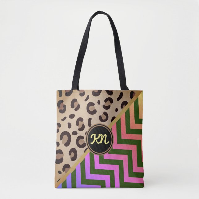 Monogramm Rainbow Leopard Print Zickzack (Vorderseite)