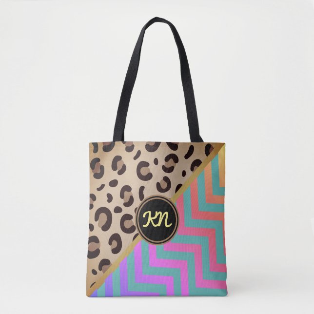 Monogramm Rainbow Leopard Print Zickzack (Vorderseite)