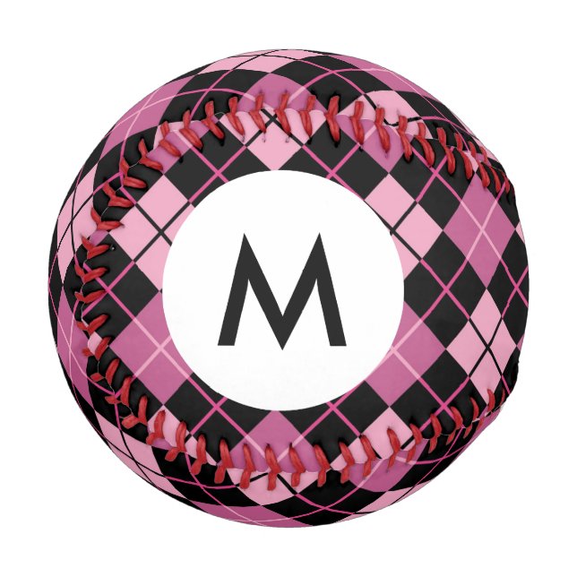 Monogramm-Raute Muster in Schwarz und Rosa Baseball (Vorderseite Links)