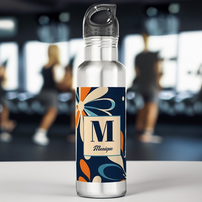 Monogramm Retro aquamarine Gaben Mitte des Jahrhun Edelstahlflasche (Monogram retro midcentury teal daisy bridesmaid gifts personalized water bottle bridal party favors)