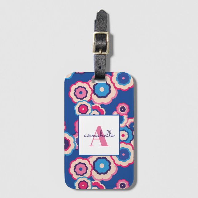Monogramm Retro Blue Pink Blume Power Personalisie Gepäckanhänger (Vorderseite Vertikal)