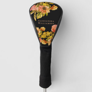 Monogramm Retro-Blumen-Boho-Schwarz-Pfirsich-Wasse Golf Headcover
