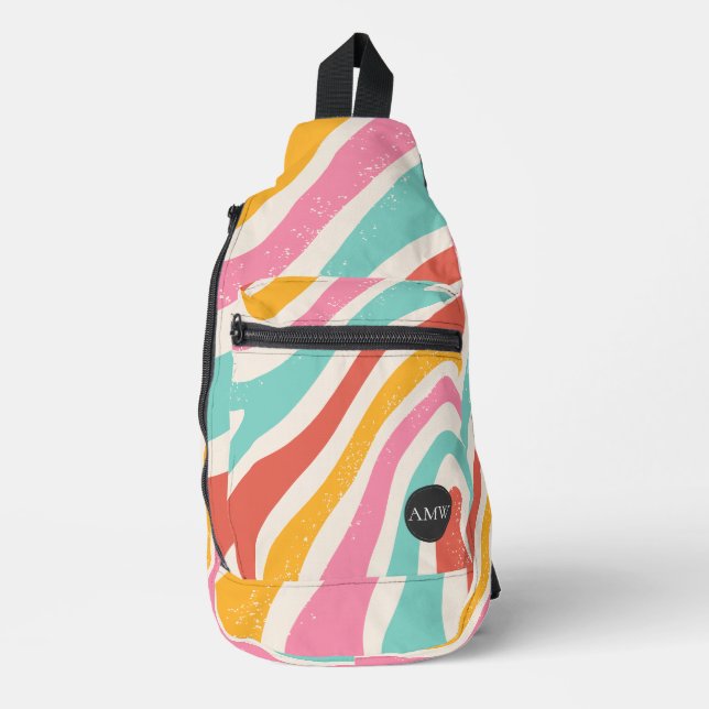 Monogramm Retro-Farbige Wellenstreifen Crossbody Bag (Vorderseite)