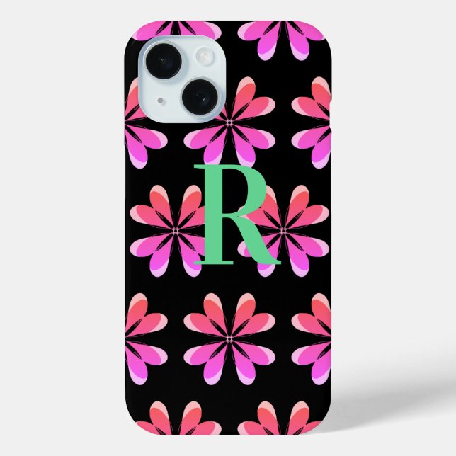 Monogramm Retro floralschwarz pink Case-Mate iPhone Hülle (Rückseite)