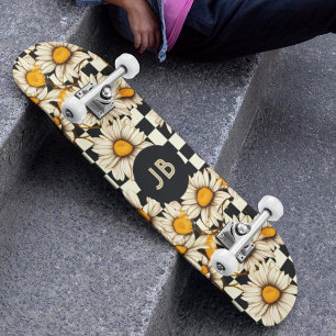 Monogramm Retro Groovy Gänseblümchen Schachbrett Skateboard