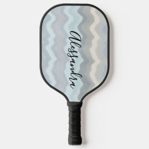 Monogramm Retro-Pastell-Streifen Wellen Grau Blau Pickleball Schläger
