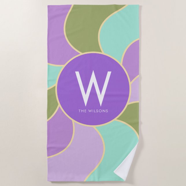 Monogramm Retro Sun Waves Lila und grün Strandtuch (Vorderseite)