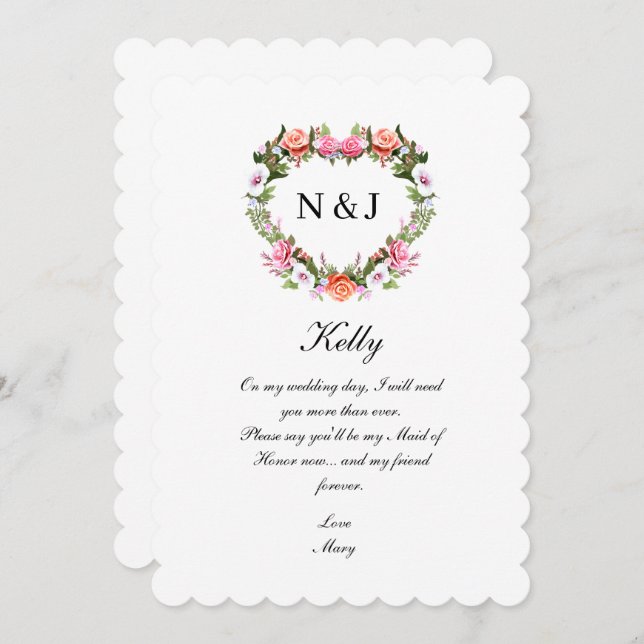 Monogramm Romantische Rose Blumenkohl Trauzeugin Einladung (Vorne/Hinten)