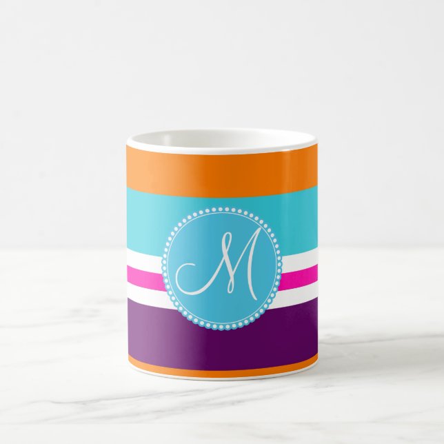 Monogramm-rosa aquamarines orange lila gestreiftes kaffeetasse (Mittel)