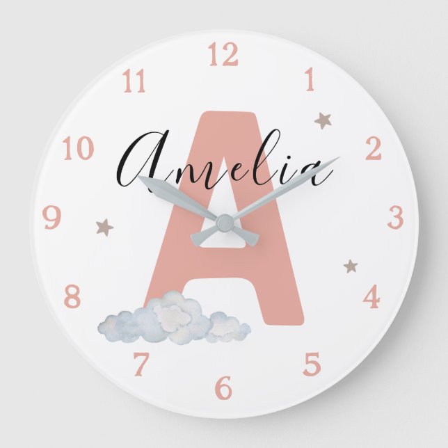 Monogramm Rosa Baby Anfangsname Kinderzimmer Wand Große Wanduhr (Vorderseite)