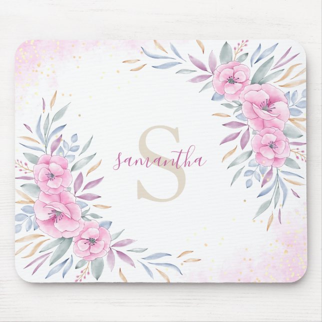 Monogramm Rosa Blume Aquarell Niedlich Boho Mousepad (Vorne)