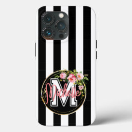 Monogramm rosa Blume mit schwarz-weiß gestreift Case-Mate iPhone Hülle