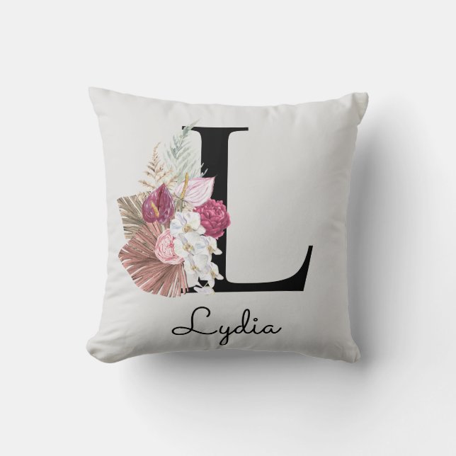 Monogramm Rosa Boho Blumen Initiale L Kissen (Vorderseite)