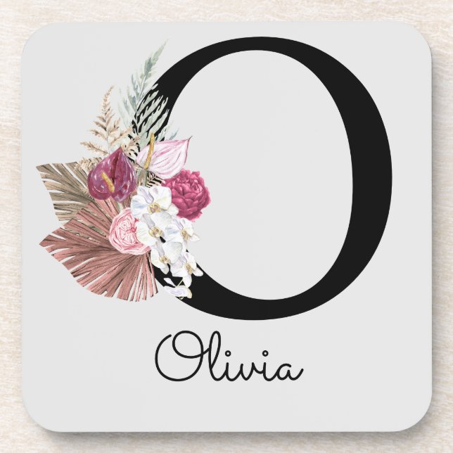 Monogramm Rosa Boho Blumen Initiale O Getränkeuntersetzer (Vorderseite)