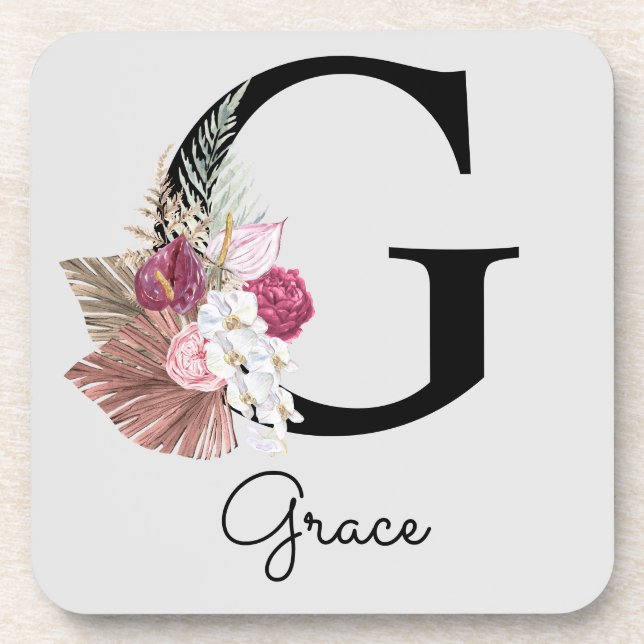Monogramm Rosa Boho Mädchenhaft Florales Initial G Getränkeuntersetzer (Vorderseite)