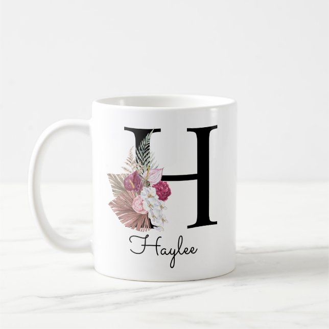 Monogramm Rosa Boho Mädchenhaft Florales Initial H Kaffeetasse (Links)