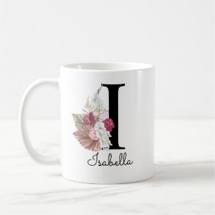 Monogramm Rosa Boho Mädchenhaft Florales Initial I Kaffeetasse