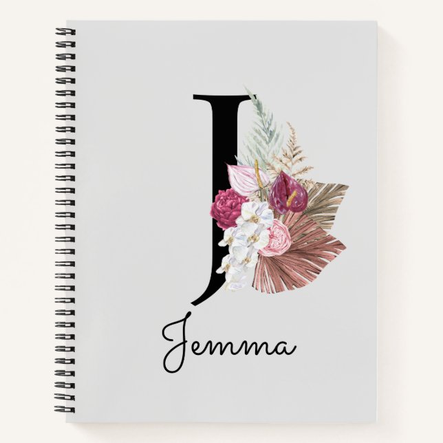 Monogramm Rosa Boho Mädchenhaft Florales Initial J Notizbuch (Vorderseite)