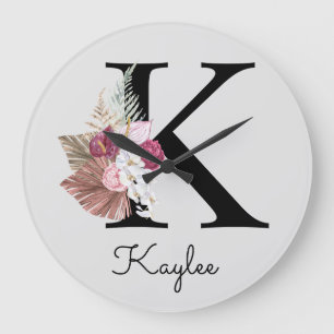 Monogramm Rosa Boho Mädchenhaft Florales Initial K Große Wanduhr