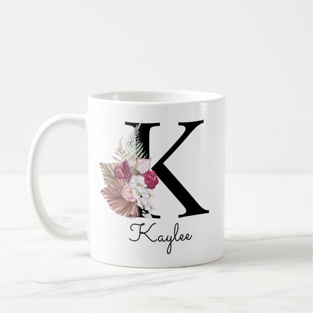 Monogramm Rosa Boho Mädchenhaft Florales Initial K Kaffeetasse (Links)