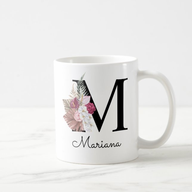 Monogramm Rosa Boho Mädchenhaft Florales Initial M Kaffeetasse (Rechts)
