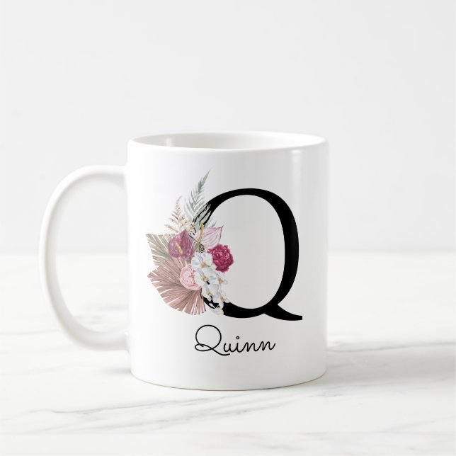 Monogramm Rosa Boho Mädchenhaft Florales Initial Q Kaffeetasse (Links)