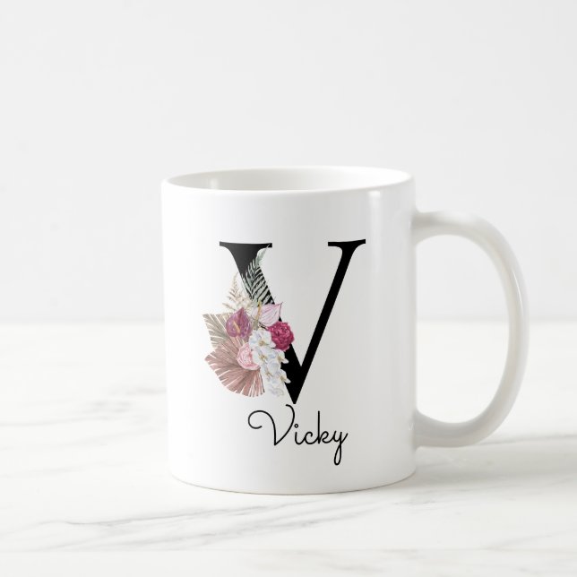 Monogramm Rosa Boho Mädchenhaft Florales Initial V Kaffeetasse (Rechts)